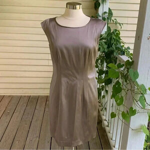 New Lafayette 148 New York Dress Size 10 Sheath Satin Cap Sleeve Fog (Taupe)